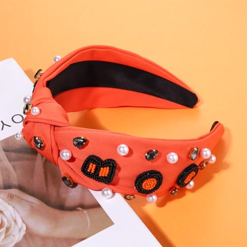 Halloween Headbands for Women Halloween Accessories Beaded Boo Trick or Treat Knotted Headband Embellished Rhinestone Pearl Top Knot Headbands Halloween Costume Party Hair Accessory (HOCUS POCUS 2)