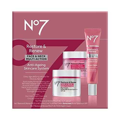 No7 Restore & Renew Face & Neck Multi Action Skincare System - SPF 30 Day Cream with Vitamin C & Collagen Peptides + anti-Aging Facial Serum + Hyaluronic Acid Hydrating Night Cream (3 Piece Kit)