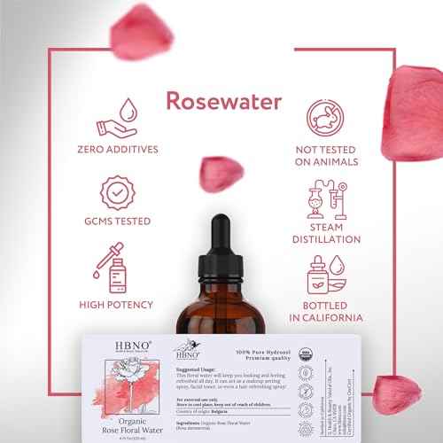 HBNO California Bottled Organic Rose Water for Face 4 fl oz (120ml) - USDA Certified Organic Rose Water Spray for Cleansing- Pure Rosewater for Hair - Rosewater Face Mist