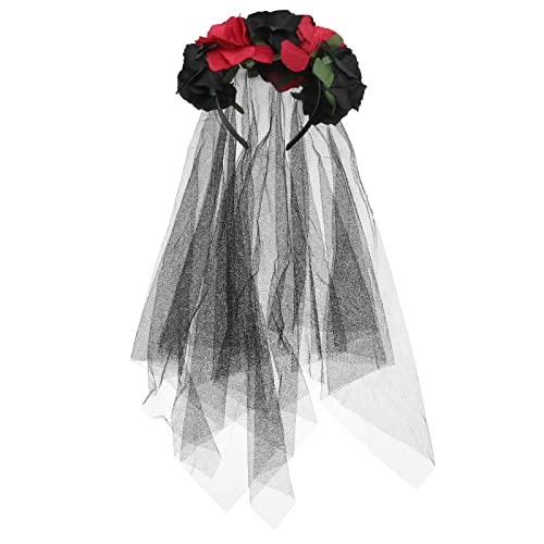 Beaupretty Halloween Headband with Roses Veil Day of the Dead Headpiece Flower Crown Veil