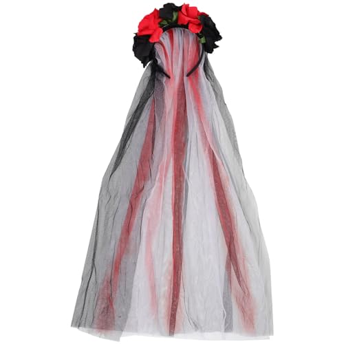 minkissy Halloween Ghost Festival Party Hair Accessories Black Rose Headband with Veil Halloween Flower Cosplay Wedding Headpiece Black Costume Veil Europe Gothic Polyester Cloth Women's