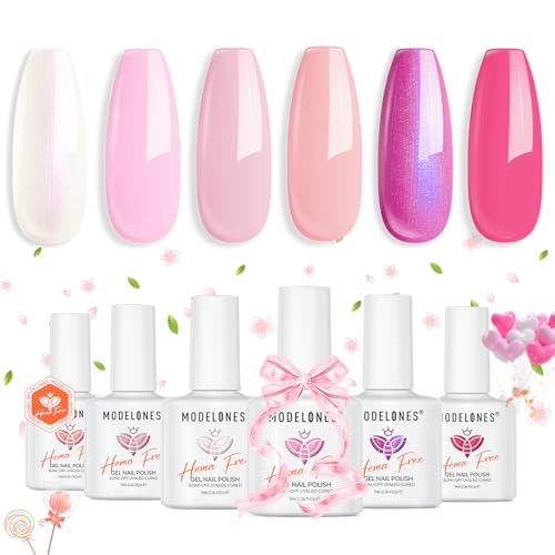 modelones Pink Gel Nail Polish Set,Hema-Free Light Pink White Hot Pink Gel Polish Kit Magenta Purple Shimmer LED 6 Colors 2026 Spring Easter Nail Art Gift Salon DIY Starter Kit