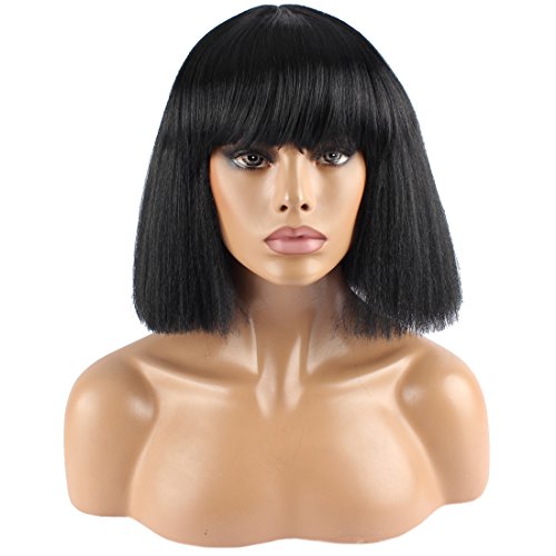 WeKen Fashion Wig Women's Short Bob Kinky Straight Full Bangs Synthetic Hairpieces Black