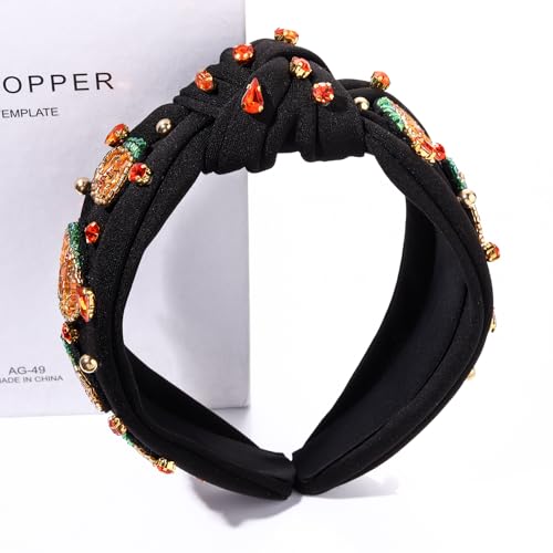 NVENF Halloween Headband Accessories for Women Crystal Pearl Knotted Headband Embellished Beaded Pumpkin Candy Corn Boo Headbands Rhinestone Jeweled Top Knot Headband Costume Party Favors (Pumpkin 4)