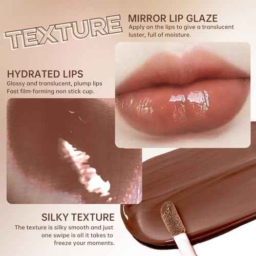 Nourishing Lip Gloss with Brown Lip Liner Lip Combo Set, Moisturizing High Shine Nude Lip Glow Oil Fresh Lightweight Glossy Plumping Lip Gloss for Women Long Wear Mini Liquid Lipstick Makeup#8