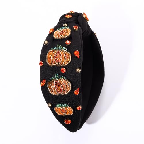 NVENF Halloween Headband Accessories for Women Crystal Pearl Knotted Headband Embellished Beaded Pumpkin Candy Corn Boo Headbands Rhinestone Jeweled Top Knot Headband Costume Party Favors (Pumpkin 4)