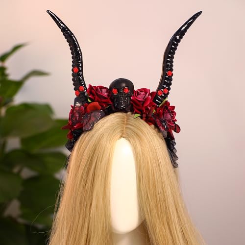 MOSTORY Handmade Black Ox Horn Headband - Gothic Halloween Headband with Flowers Devil Hairband with Skull Dark Accessory for Cosplay Renaisssance Day of the Dead