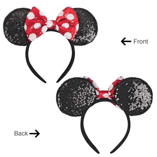 Seamoy Mouse Ears headband,2pcs Sequin Headband Glitter Hairband for Baby Shower Headwear Halloween Theme Party Decoration(Red&Polka dot)