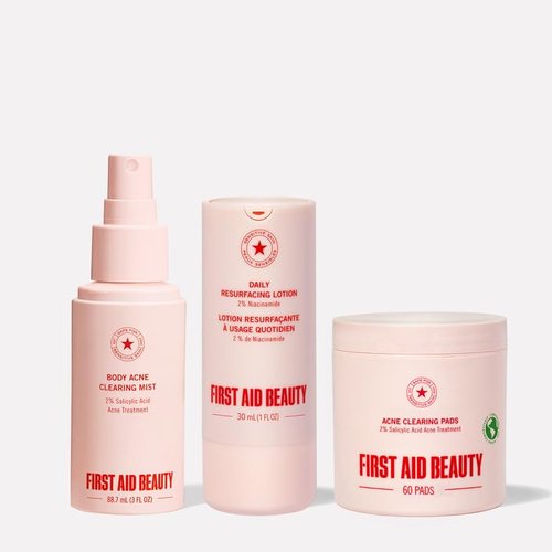 First Aid Beauty Acne Trio Skincare Bundle - Treatment Pads, Resurfacing Lotion & Body Mist