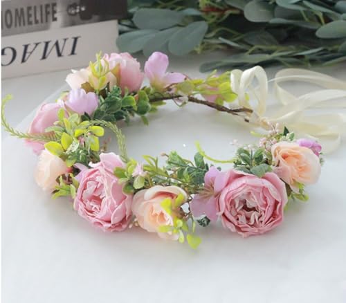 DreamLily Girls Camellias Flower Crown Birthday Photo Pops Hair Wreath Wedding Festival Floral Headpiece XM11 (A-Champagne)