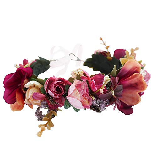 Vivivalue Adjustable Flower Headband Women Floral Crown Hair Wreath Flower Headpiece Halo Boho with Ribbon Wedding Party Festival Photos Maroon