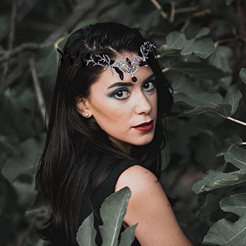 MOSTORY Handmade Black Elf Moon Crown - Woodland Fairy Headpiece Medieval Leaf Circlet for Women Girls Witch Renaissance Halloween Party Prom Cosplay Accessory