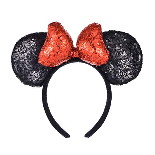 A Miaow 3D Black Mouse Sequin Ears Headband MM Glitter Butterfly Hair Clasp Park Supply Adults Women Photo Accessory (Black and Red)