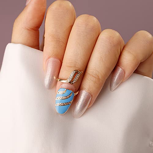 Rumtock Statement Gold Fingernail Ring with CZ Rhinestones Blue Knuckle Nail Ring Maincure Finger Tip Jewelry for Women Girls