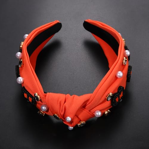 Halloween Headbands for Women Halloween Accessories Beaded Boo Trick or Treat Knotted Headband Embellished Rhinestone Pearl Top Knot Headbands Halloween Costume Party Hair Accessory (HOCUS POCUS 2)