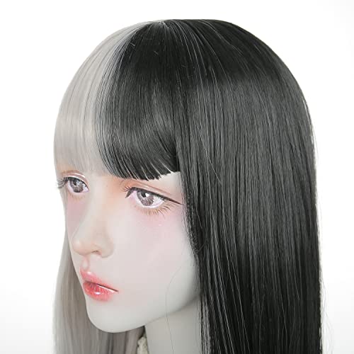 STYLER Half Black Half White Wig with Bangs, Long Straight Anime Cosplay Wig for Women, Heat Resistant Synthetic Halloween Hair Wigs