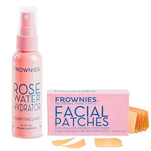 Frownies Forehead and Between The Eyes Wrinkle Patches & Rose Water Hydrator Combo - Overnight Facial Wrinkle Patches and Rose Water Spray for Face - for All Ages and Skin Types, 2oz, 144 Patches