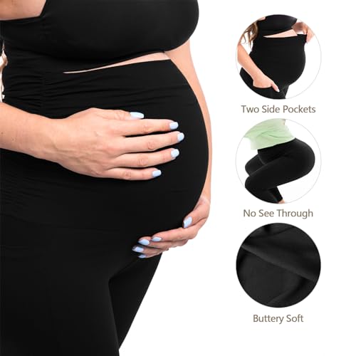 Walifrey Women's Maternity Leggings with Pockets Over The Belly,Pregnancy Yoga Pants Activewear Workout Leggings