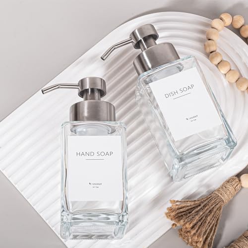 Foaming Soap Dispenser with Stainless Steel Pump, 12oz Refillable Glass Liquid Dish Soap Bottles for Bathroom, Kitchen Sink, Home Decor