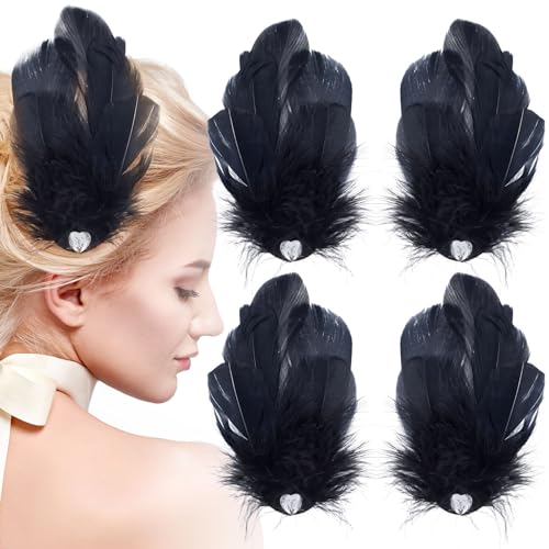 ANCIRS 4 Pack Feather Hair Clips for Women, Fly-Wing Shape Hair Barrettes Accessory Hairpins 1920s Flapper Headpiece Hair Piece for Swan Lake Cosplay Show Dancing Party Halloween Costume- Black