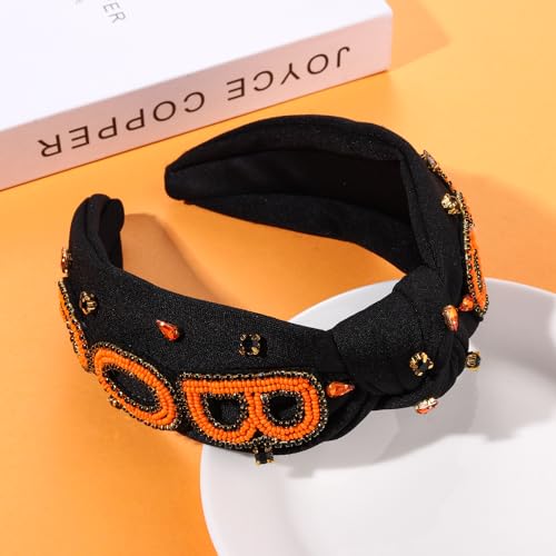 NLCAC Halloween Headbands for Women Beaded BOO Knotted Headband Crystal Embellished Wide Headband Halloween Costume Headwear Accessories (BOO)