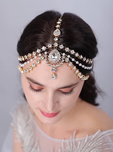 JWICOS Boho Rhinestone Head Chain Pearl Headchain Bride Headpiece Headband Wedding Hair Accessories for Women and Girls (Gold)