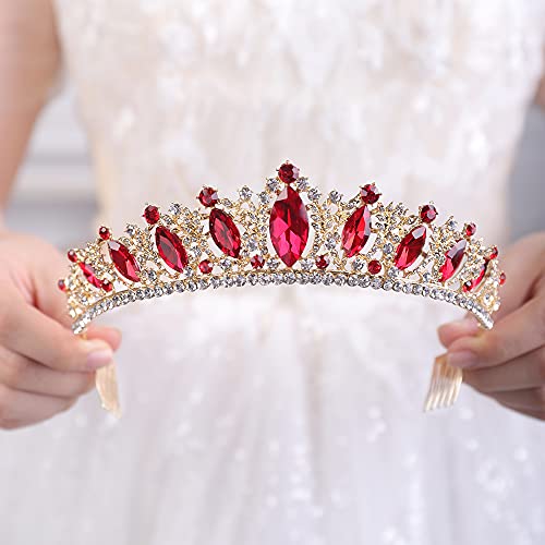 wekicici Wekicici Crystal Tiara with Comb Wedding Red Crown Princess Queen Headband for Brides Hair Accessories for Women