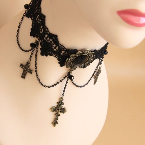 Love Sweety Halloween Vintage Crown Rose Headband Gothic Floral Headpiece (Necklace Cross)