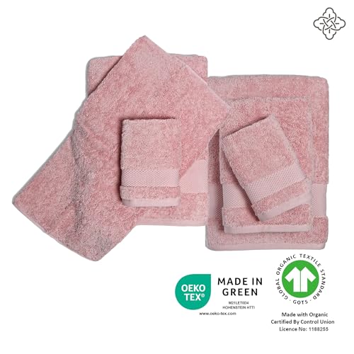 BIOWEAVES 100% Organic Cotton 6-Piece Luxury Bathroom Towels Set GOTS Certified 700 GSM, 2 Bath Towels, 2 Hand Towels & 2 Wash Cloths - Dusty Pink
