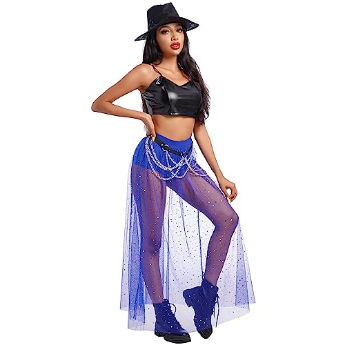 Women's Sheer Mesh 2 in 1 Glitter Sequin Elasticized High Waist A Line Party Maxi Skirt Sparkle Galaxy Sequin Tulle Cover ups Festival Outfits Costume Royal Blue S