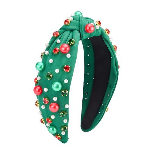 KESOCORAY Christmas Rhinestone Headband for Women Beaded Pearl Knotted Wide Top Knotted Headbands Xmas Hair Accessories Gifts(Green A)