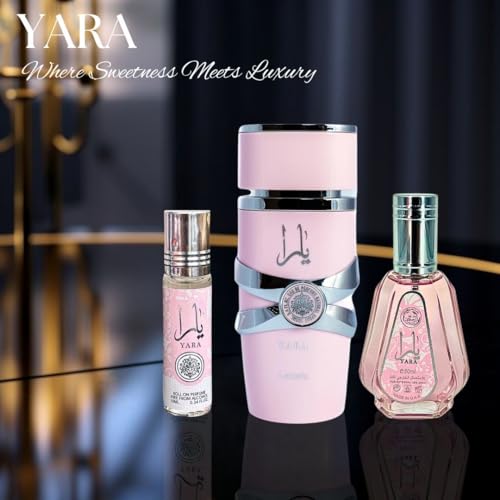 Lattafa Yara 3-piece Fragrance Bundle for Women (3.4 Oz Eau de Parfum Spray + 1.7 Oz Eau de Parfum Spray + 0.34 Oz Roll-On Perfume Oil)