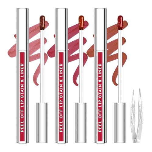 JUNECODE 3Pcs Lip Stain Peel Off Set with Tweezer, Peel Off lip Liner Stain Long Lasting Waterproof, Matte Lip Tattoo Tint Transfer Proof, Highly Pigmented Color Lip Makeup(#802+803+806)