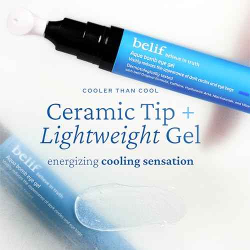 belif Aqua Bomb Cooling Eye Gel - Caffeine & Hyaluronic Acid for Puffiness & Hydration, Niacinamide & Vitamin C for Dark Circles, Adenosine & Collagen for Plumping & Firming, Korean Skin Care