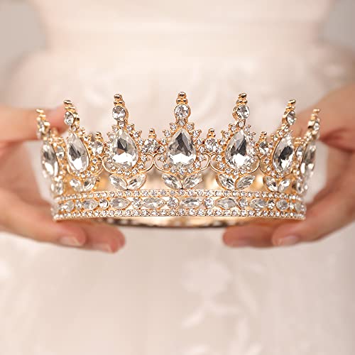 JWICOS Crystal Tiara for Women Rhinestone Bridal Wedding Full Round Tiara Hair Accessories for Girls Princess Tiara Crown Headband for Birthday Party Halloween Costume Prom (AB Rhinestone)