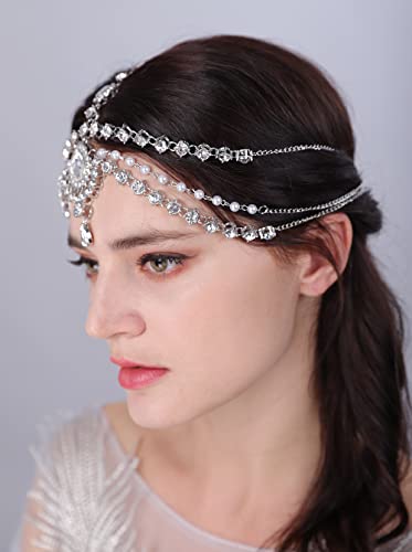 JWICOS Boho Rhinestone Head Chain Pearl Headchain Bride Headpiece Headband Wedding Hair Accessories for Women and Girls (Silver)