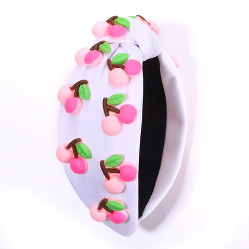 VOGUEKNOCK Fruit Headbands for Women Girls Tropical Cherry Knotted Headband Summer Beach Headwear Hair Accessories (Cherry-White)