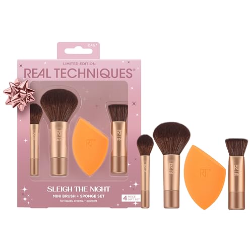 Real Techniques Sleigh The Night Mini Brush + Sponge 4 Piece Holiday Gift Set, Small Makeup Brushes For Travel, Makeup Sponge For Foundation & Concealer, Stocking Stuffer, Limited Edition, Latex-Free