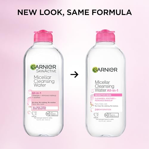 Garnier Micellar Cleansing Water, All-in-1 Makeup Remover and Facial Cleanser, For All Skin Types, 3.4 Fl Oz (100mL), 1 Count (Packaging May Vary)