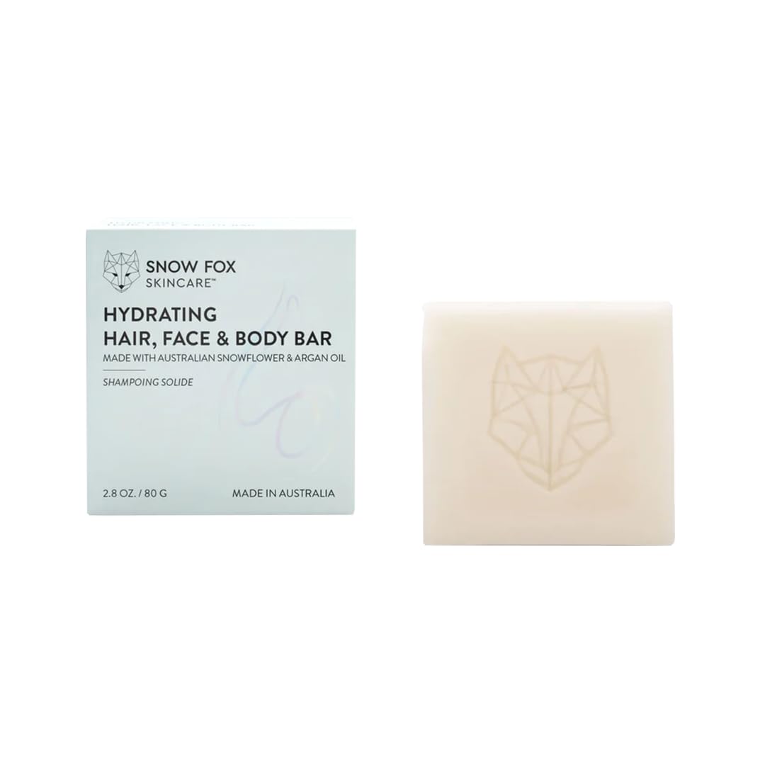 Snow Fox Skincare Hydrating Hair, Face & Body Bar | Shampoo & Conditioner Bar | Restores Moisture, Shine, Softness | Shea Butter & Argan Oil | Australian Botanicals | Portable & Sustainable, 2.8 oz.