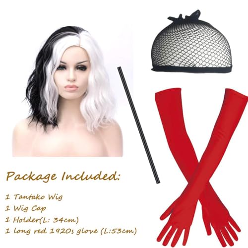 TANTAKO Women Black and White Wigs Short Wavy Half and Half Synthetic Cosplay Wig with Long Red Gloves and Costume Holder for Halloween