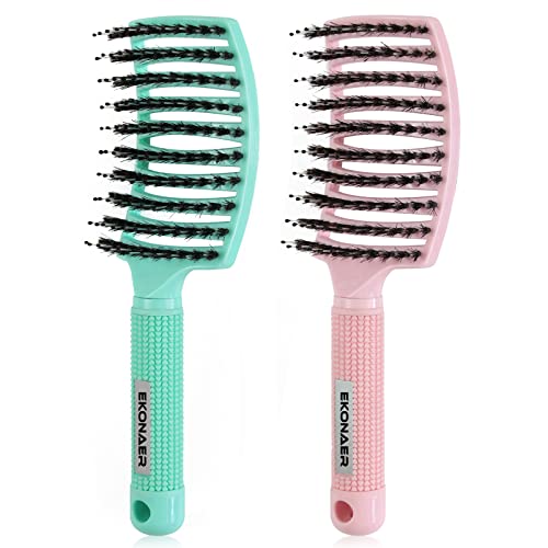 EKONAER 3 Pack Vented Quick Drying Massage Blow Detangler Brush,Boar Bristle Hair Brush Set-Curved,Detangling Hair Brush for Women Long,Thick, Thin, Curly(Green)