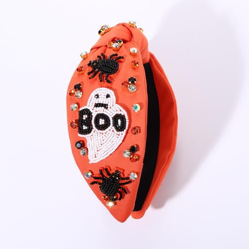 NVENF Halloween Headband Accessories for Women Crystal Pearl Knotted Headband Embellished Beaded Pumpkin Candy Corn Boo Headbands Rhinestone Jeweled Top Knot Headband Costume Party Favors (Ghost 4)