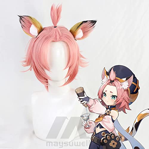 Anime Wig Genshin Impact Diona Yellow pink short hair with Free Wig Cap for Comic Con, Cosplay show, Halloween