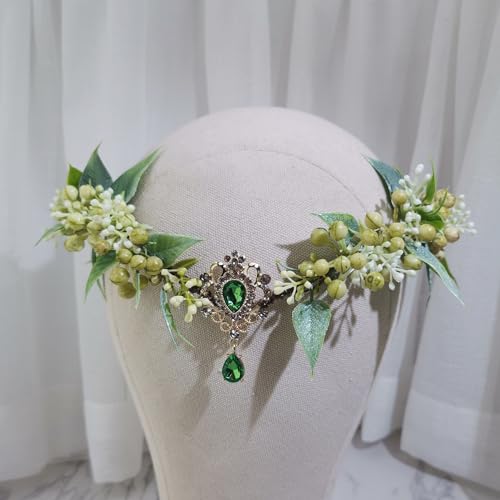 Bubbmi Green Flower Wreath Fairy Costume Headband with Pendant, Woodland Elf Cosplay Outdoor Wedding Bridal Headpiece for Women(ZM01GREEN)