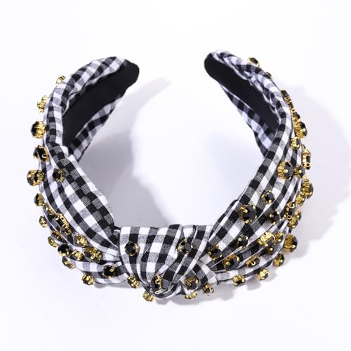 GLBCC Rhinestone Knotted Headband for Women Crystal Jeweled Beaded Headband Wide Plaid Hairband Fashion Elegant Ladies Top Knot Twist Head Band Spring Summer Hair Accessories