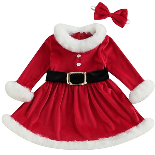 Baby Girls Christmas Dress Velvet Santa Claus Dress Long Sleeve Plush Xmas Princess Party Cosplay Costume Dress (M-Red, 3-6 Months)