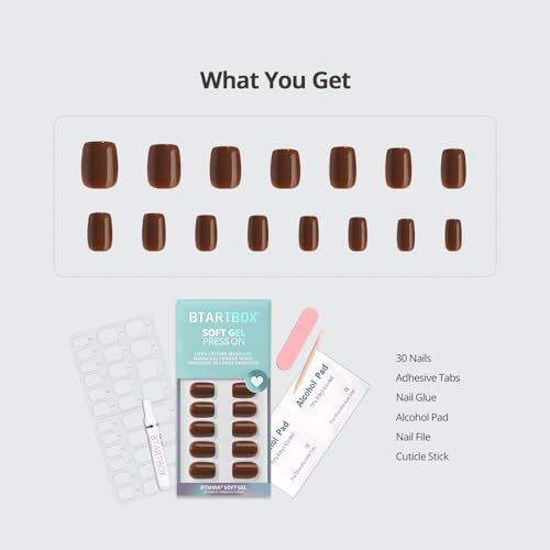 BTArtbox Press On Nails Short - Bold Brew, Caramel Brown Square Press On Nails with Glue and Adhesive Tabs for Women, Opaque Soft Gel Glue On Nails in 15 Sizes - 30 Stick On Nails Kit