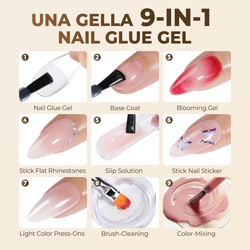 UNA GELLA Short Almond Fake Nails 216pcs Pre-Shape Gel Acrylic Nail Tips for Full Cover Nail Extension Home DIY Nail Salon 12 Sizes Gelly Tips