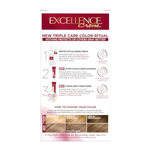 L'Oreal Paris Excellence Crème Permanent Hair Dye, Triple Care Hair Color with Hyaluronic Acid for 100% Gray Coverage, 7.5A Medium Ash Blonde, 1 Kit (Packaging May Vary)